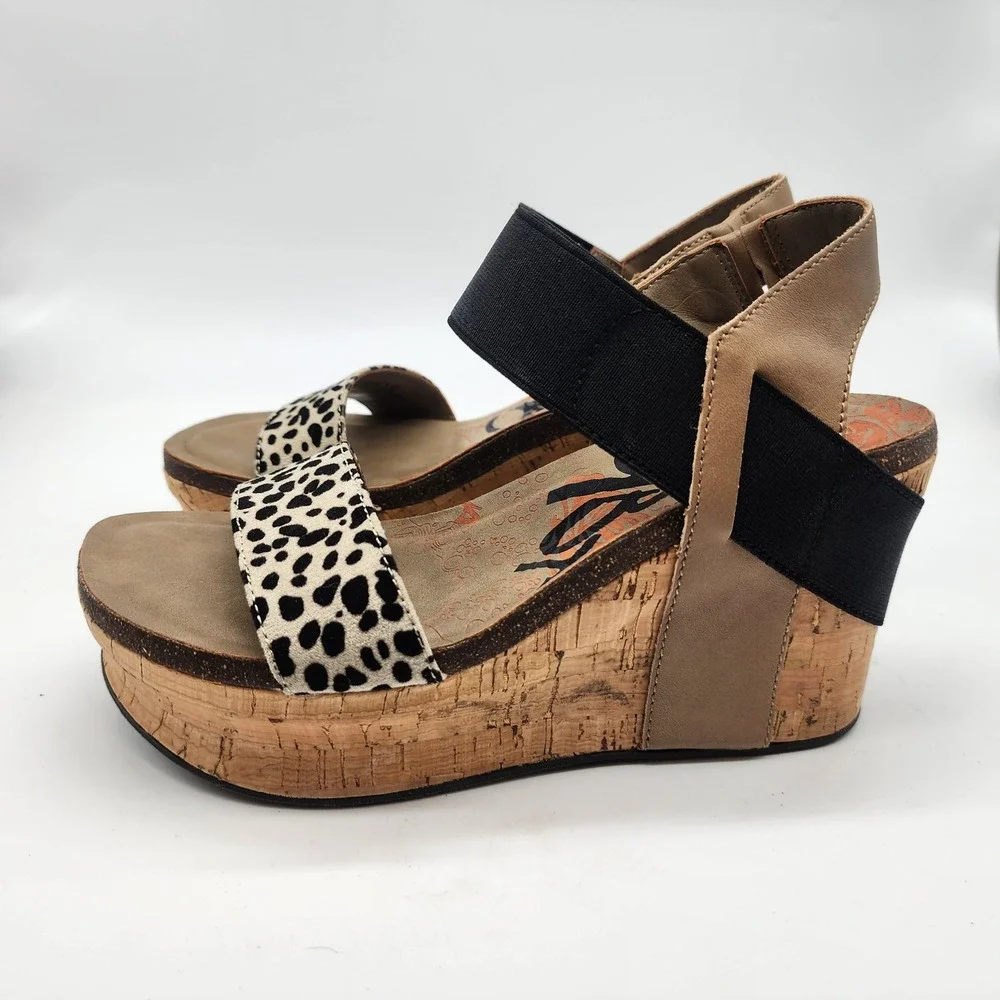 OTBT Bushnell‎ Platform Wedge Sandals Women's 7M Leopard Print Black Tan Cork